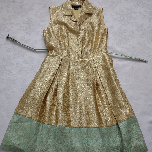 Gold metallic brocade belted dress Old Hollywood style - Picture 3 of 15
